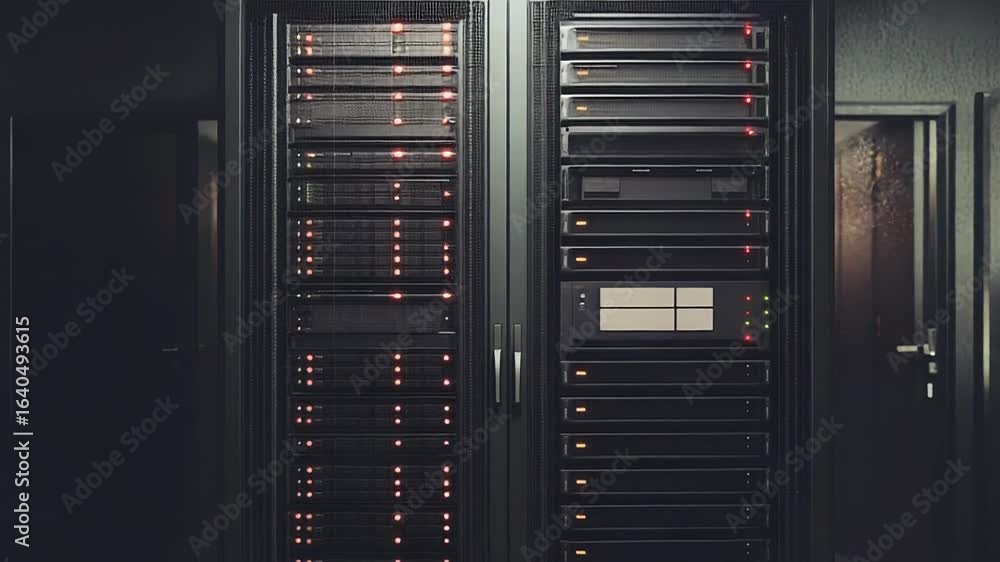 Poster server room hosting big data with blinking led lights in dark datacenter