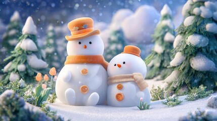 Obraz premium A heartwarming winter scene featuring two adorable snowmen,wearing hats and scarves,amidst a snowy landscape.
