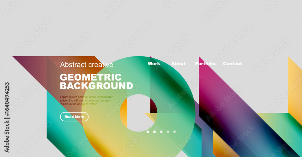 Poster modern website header design. colorful geometric shapes, text overlay, navigation menu. clean aesthe