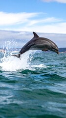 Fototapeta premium A dolphin leaps from the ocean, creating a spray of water
