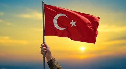 Turkish Flag in the Sunset Glow: A hand proudly waves the Turkish flag against a stunning sunset backdrop, evoking a sense of national pride, freedom, and patriotism.