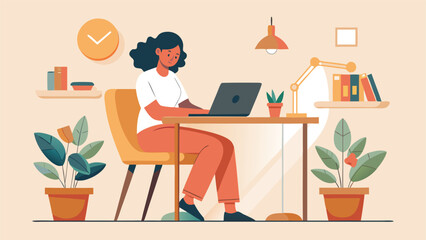 Fototapeta premium Vector illustration of a young woman working at a desk with laptop