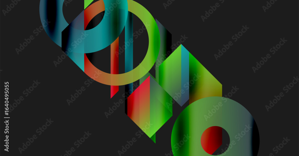 Poster abstract geometric shapes overlap, creating vibrant color gradients. dark background emphasizes brig