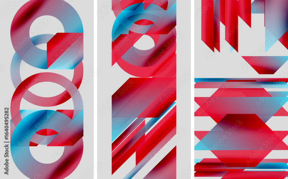 Poster abstract geometric shapes. red, blue gradients create layered visual effect. minimalist design on bl