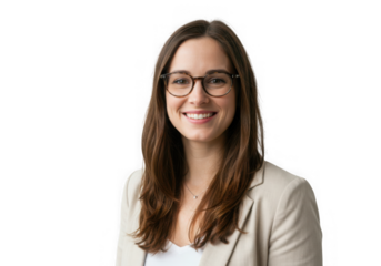 Smiling woman with glasses portrait shot on transparent background