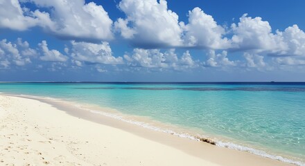 Fototapeta premium Serene Beach Scene with White Sand Turquoise Water and Cloudy Sky