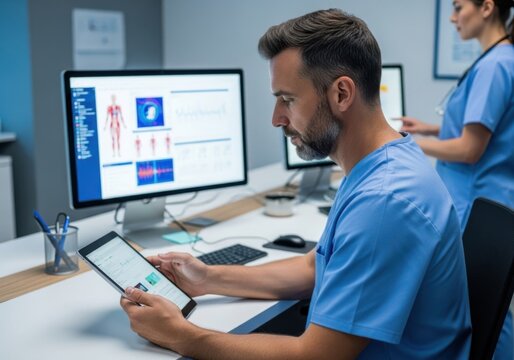 Medical professionals reviewing patient data on computers and tablets