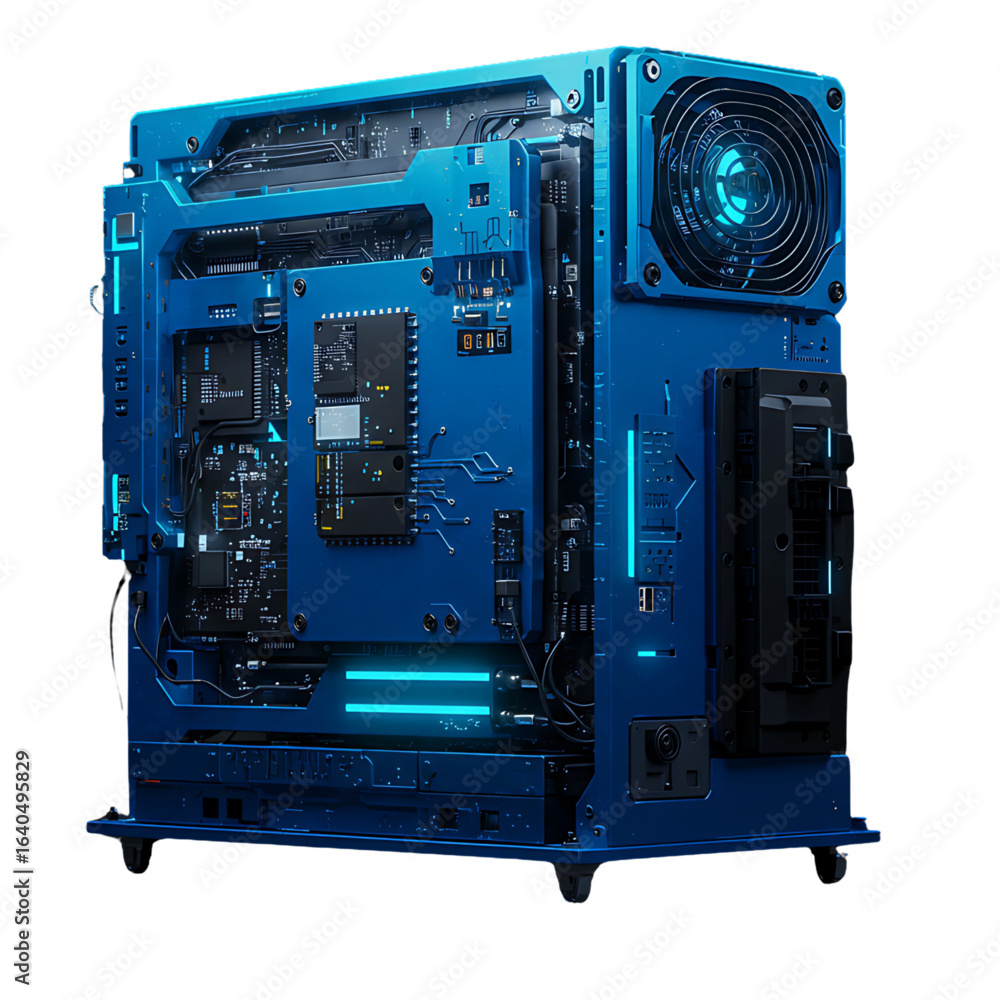 Poster futuristic blue computer tower with intricate internal components and glowing neon blue lights isola