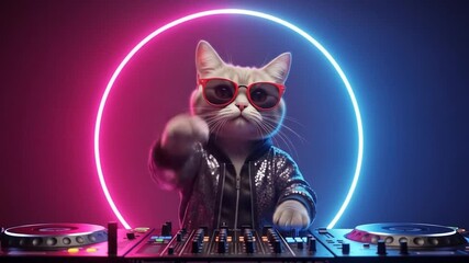 Cool Cat DJ: Neon Beats & Feline Vibes!  A stylish kitty mixes tunes in a vibrant, electrifying club scene.