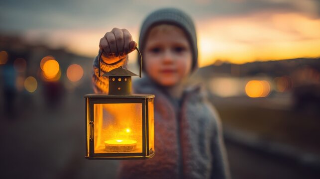 Child holding a lantern at sunset.