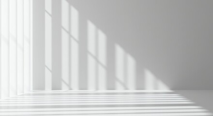 Obraz premium Bright Sunlit Room with Shadowed Window Blinds and White Walls