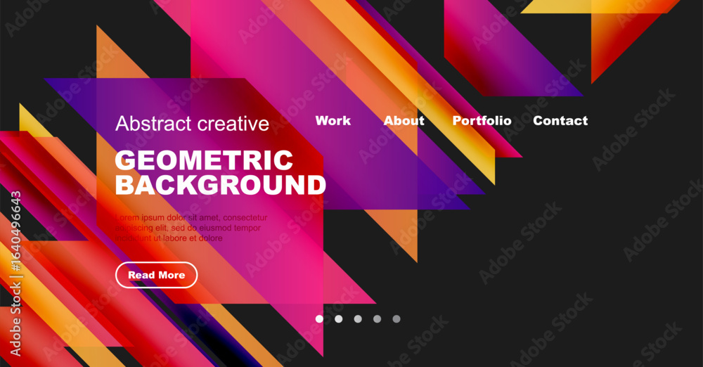 Poster abstract geometric design features vibrant colors, diagonal lines, text elements. navigation menu pr