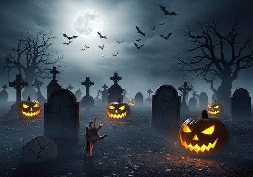 A haunted graveyard at night with glowing halloween pumpkins, tombstones, bare trees, bats, and a full moon