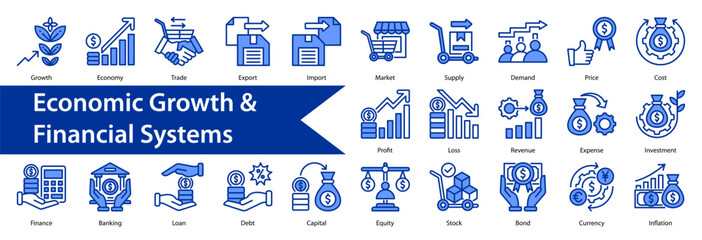 Economic Growth & Financial Systems icon, icon set, collection, vector, illustration, sign, symbol, set
