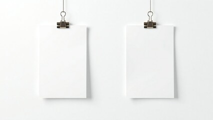 Two blank white cards hanging by binder clips on a white wall