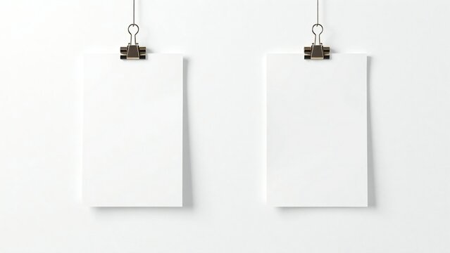 Two blank white cards hanging by binder clips on a white wall