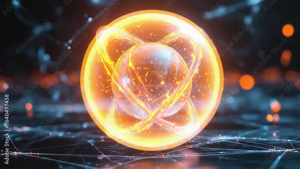Aufkleber futuristic glowing orb rotating with plasma trails on network grid