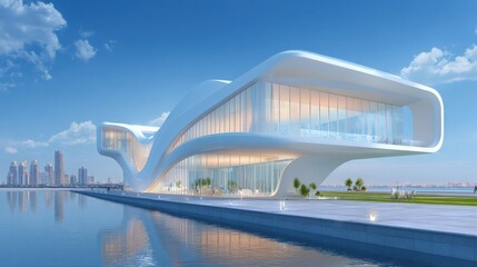 Obraz premium A futuristic white architectural building with curved lines and glass windows,situated by a calm body of water with a cityscape in the background.
