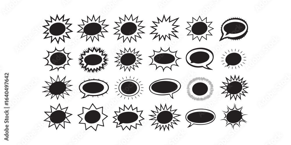 Aufkleber collection of black and white speech bubbles and burst shapes in a grid pattern on a white backgroun
