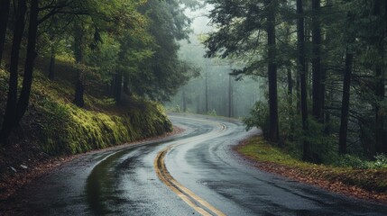 Fototapeta premium Rainy, winding road through a lush forest.