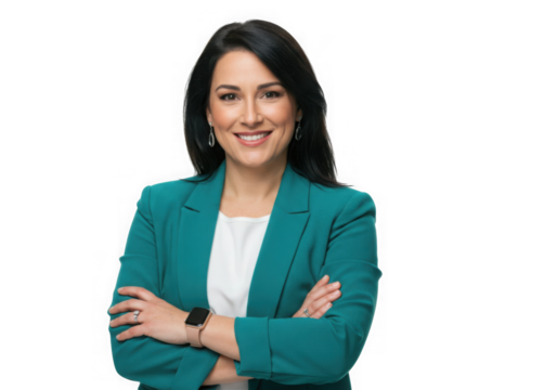 Woman smiling wearing a turquoise jacket on transparent background