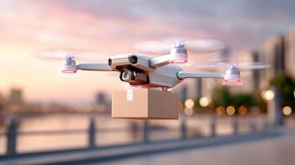 A drone flying in the sky,transporting a cardboard box with a blurred city background.