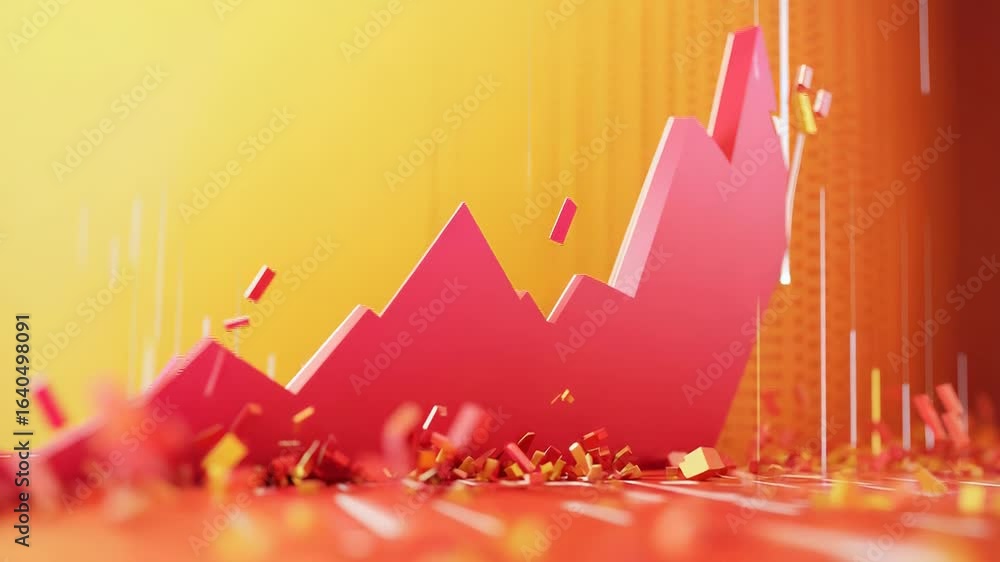 Aufkleber growing bar graph exploding with colorful particles on orange background
