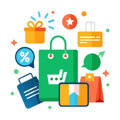 Colorful shopping bags and gifts with discount and star icons