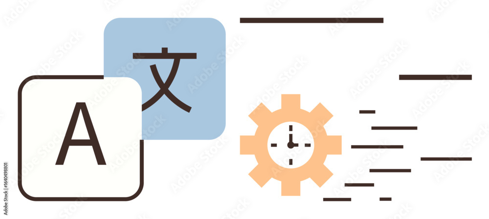 Poster language icons and a clock inside a gear convey translation, efficiency, and automation. ideal for l