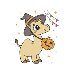 A cute cartoon camel wearing a witch hat and holding a jack-o'-lantern pumpkin, decorated with festive bunting and stars.