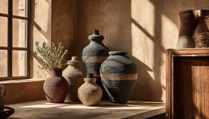 Several handcrafted ceramic vases in warm tones, displayed on a windowsill. Sunlight streams through a window, casting shadows on the beige walls and earthenware