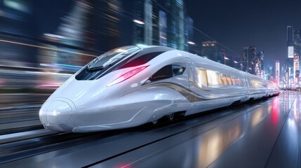 Obraz premium A futuristic high-speed train speeding through a neon-lit cityscape at night,representing modern transportation.