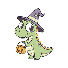 A cartoon dinosaur dressed as a witch for Halloween, holding a pumpkin bucket, looking cheerful.
