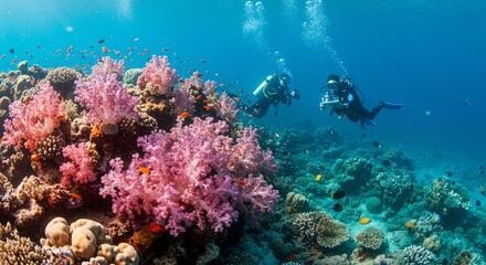 Fototapeta premium Underwater Coral Reef Scene with Two Scuba Divers Exploring Vibrant Marine Life