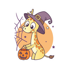 Naklejka premium Cartoon giraffe wearing a witch hat holds a pumpkin bucket, with a spiderweb and stars on an orange background.