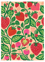 A vibrant pattern of various strawberries and leaves on a soft peach background, showcasing red and pink hues in diverse shapes.

