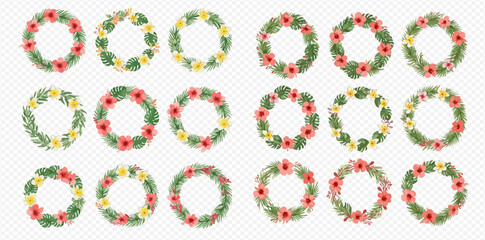 A collection of eighteen watercolor tropical wreaths featuring red and yellow flowers with lush green leaves, arranged in a grid on a transparent background.