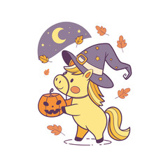 A cute cartoon pony wearing a witch hat holds a carved pumpkin under a crescent moon with falling autumn leaves.