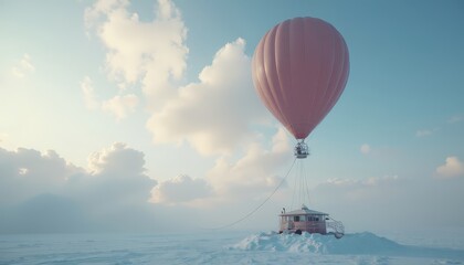Hot Air Balloon Lifted House Above Snow Field