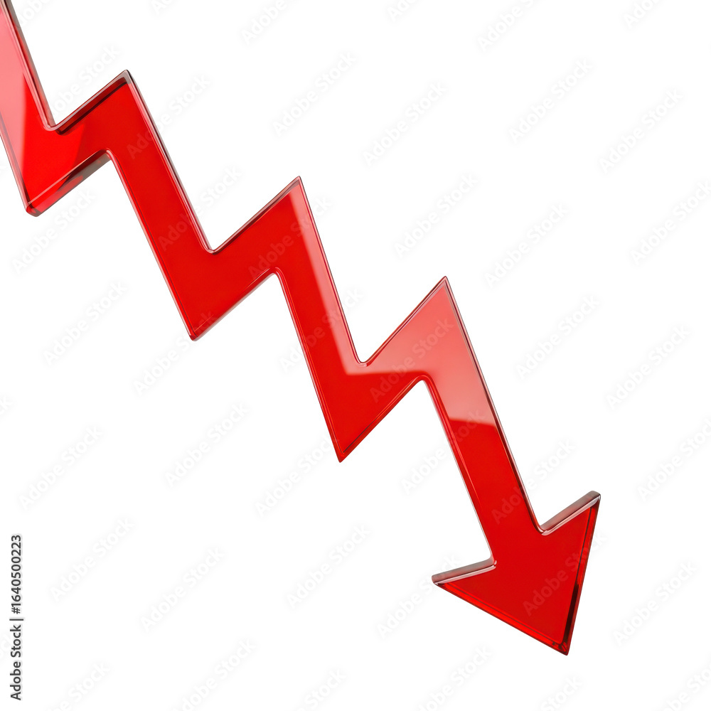 Poster 3d red downward arrow chart isolated on transparent background