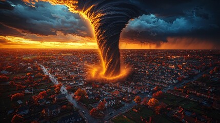 Dramatic Tornado Emerges Over Cityscape at Sunset