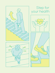 Step for Your Health Exercise and Wellbeing in an Illustrated Poster. Line style illustration. 
