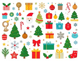 Collection of colorful Christmas icons including trees, gifts, candy, and snowflakes