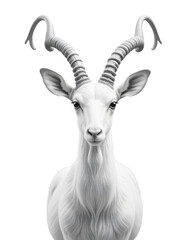 A close-up portrait of a male impala with impressive horns, isolated on a white background