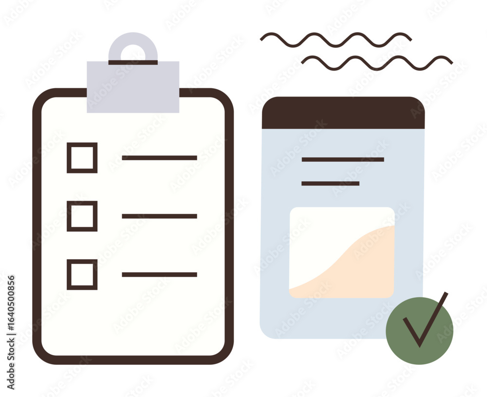 Poster checklist with three boxes, document with content, wavy lines, and verification mark. ideal for orga