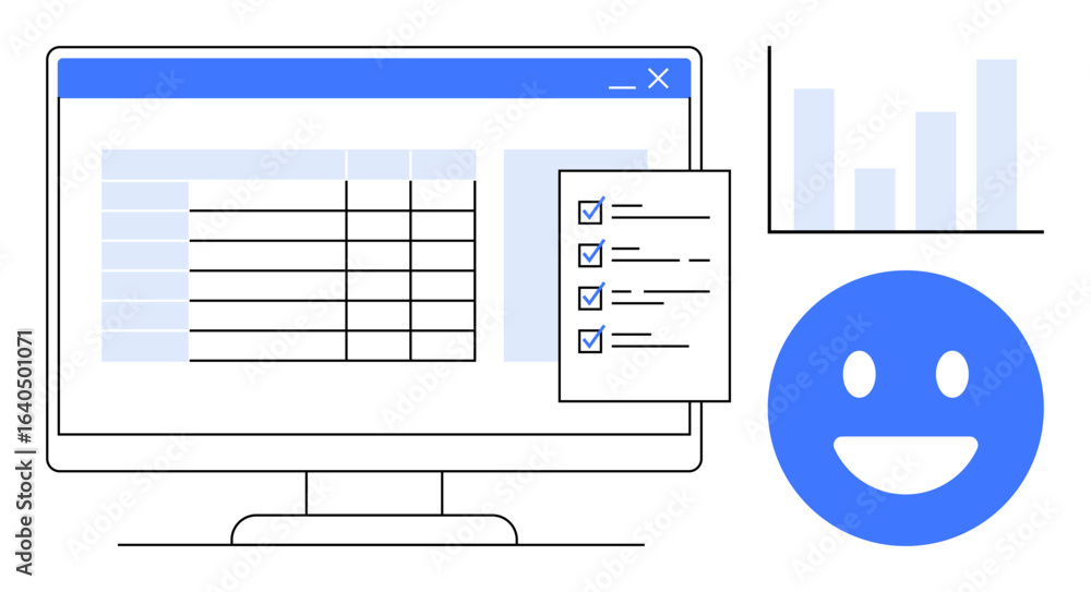 Poster computer monitor displaying a table, checklist with ticked items, bar graph, and smiling face. ideal