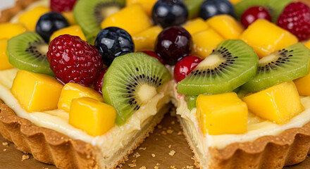 Fresh Fruit Tart Filled With Cream Topped With Colorful Fruits