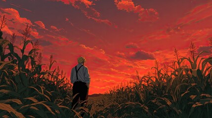 Fototapeta premium A solitary figure walks through a cornfield at sunset. A vibrant, stylized sunset fills the sky with fiery hues