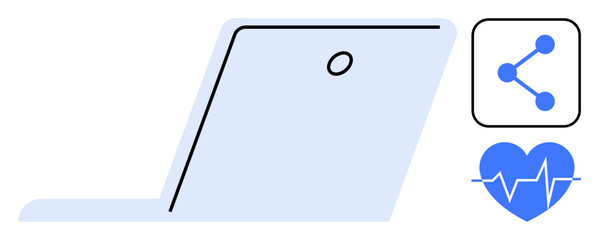 Open laptop with sharing and heartbeat icons emphasizing digital connection, health monitoring, and technology integration. Ideal for telemedicine, remote work, analytics, collaboration, wellness