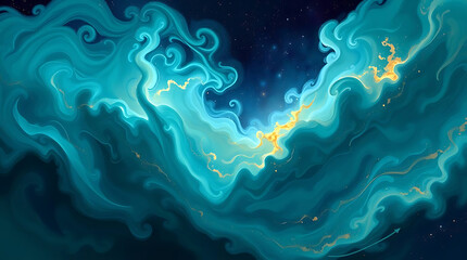 Ethereal Turquoise Cosmic Swirls of Nebula with Glimmering Stardust and Celestial Light Emanating Through the Dark Expanse